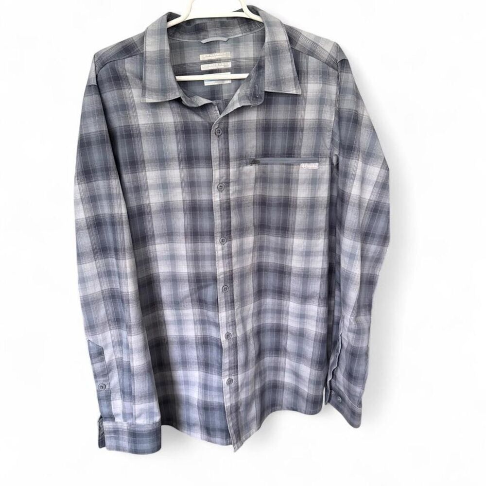 Columbia Men’s Large Omni-Wick Omni-Shade Plaid Long Sleeve Hiking Shirt Gray